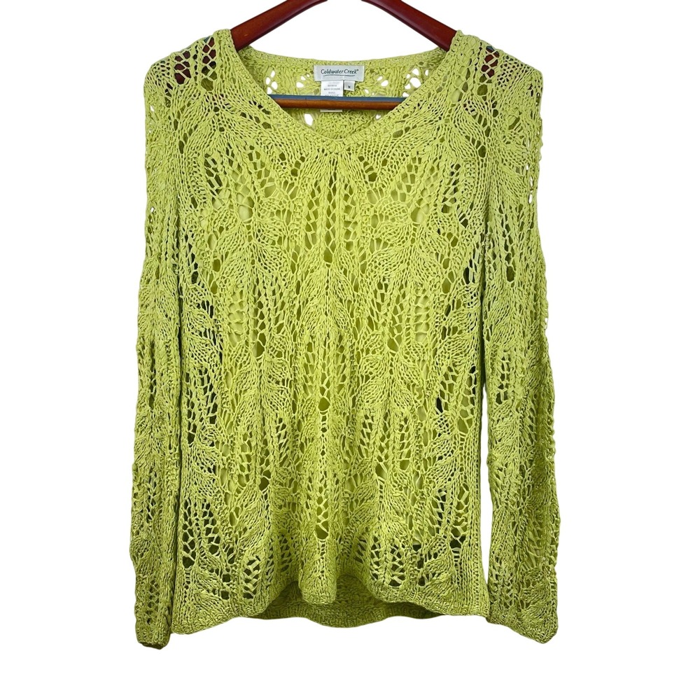 Coldwater Creek Womens Top Sz M Crochet Long Sleeve Chartreuse Boho Open Knit